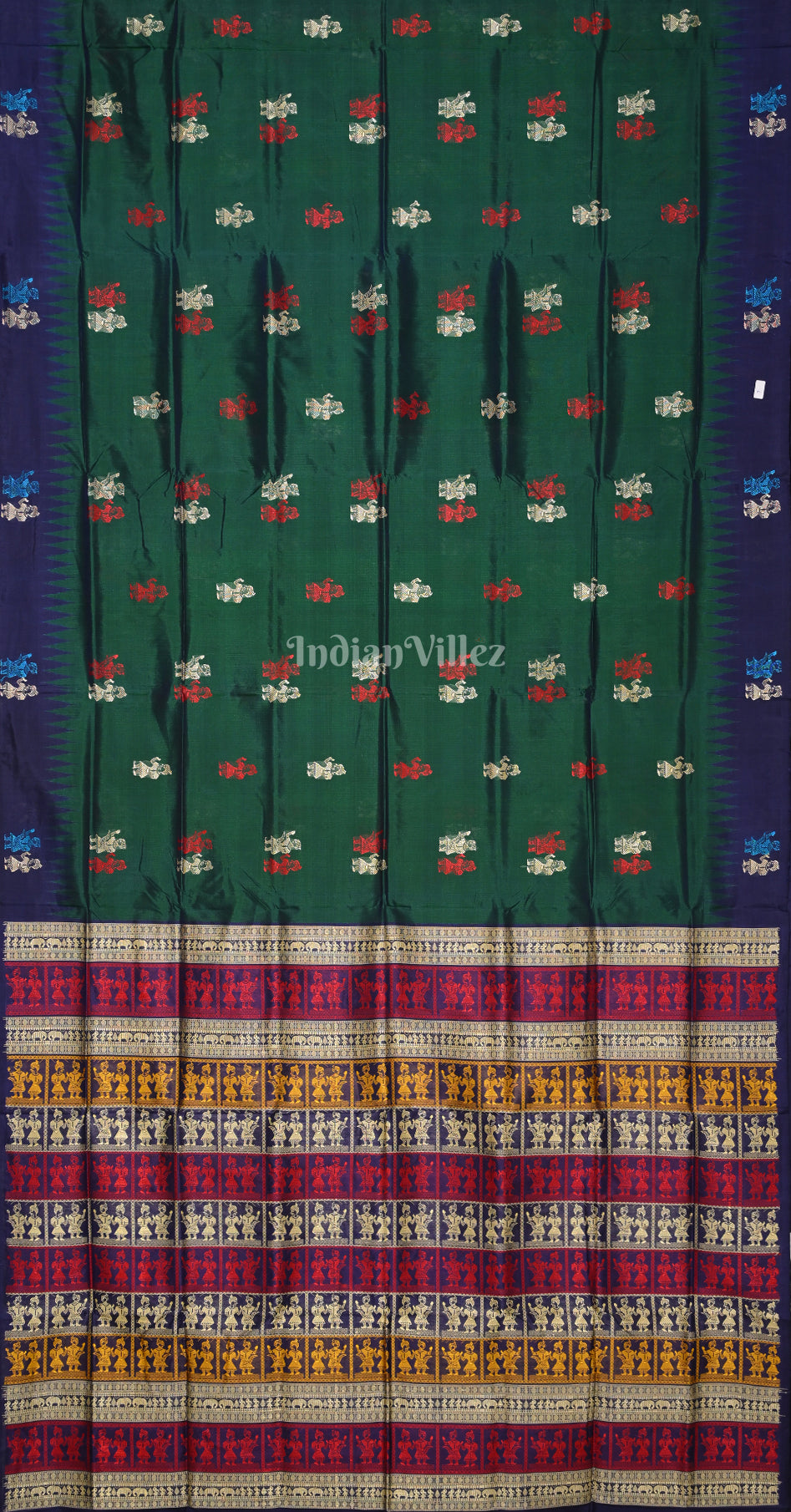 Bottle Green Blue Doll Motif Odisha Ikat Bomkai Silk Saree 
