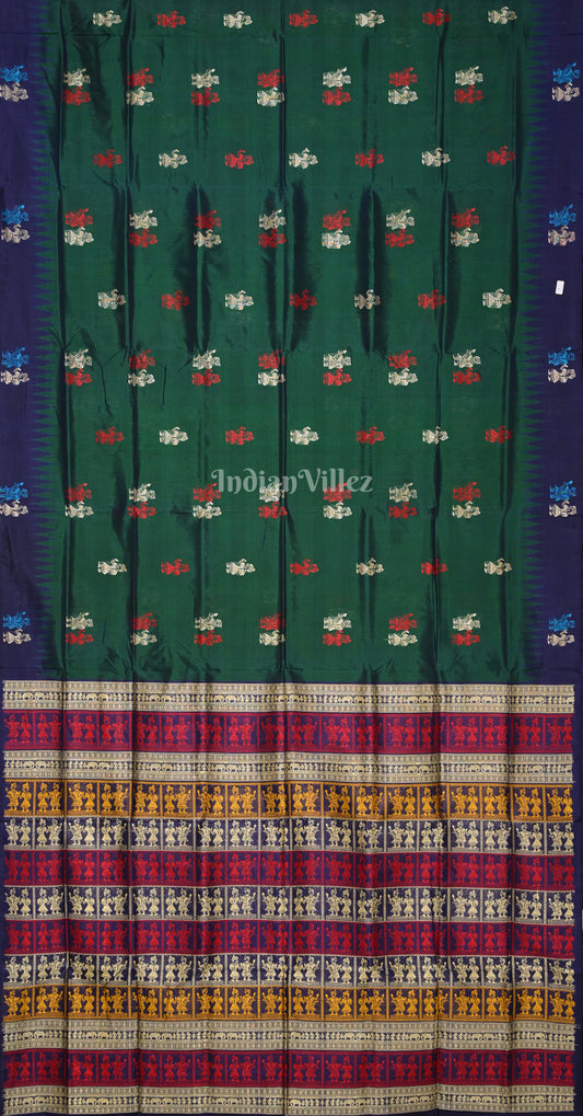 Bottle Green Blue Doll Motif Odisha Ikat Bomkai Silk Saree 