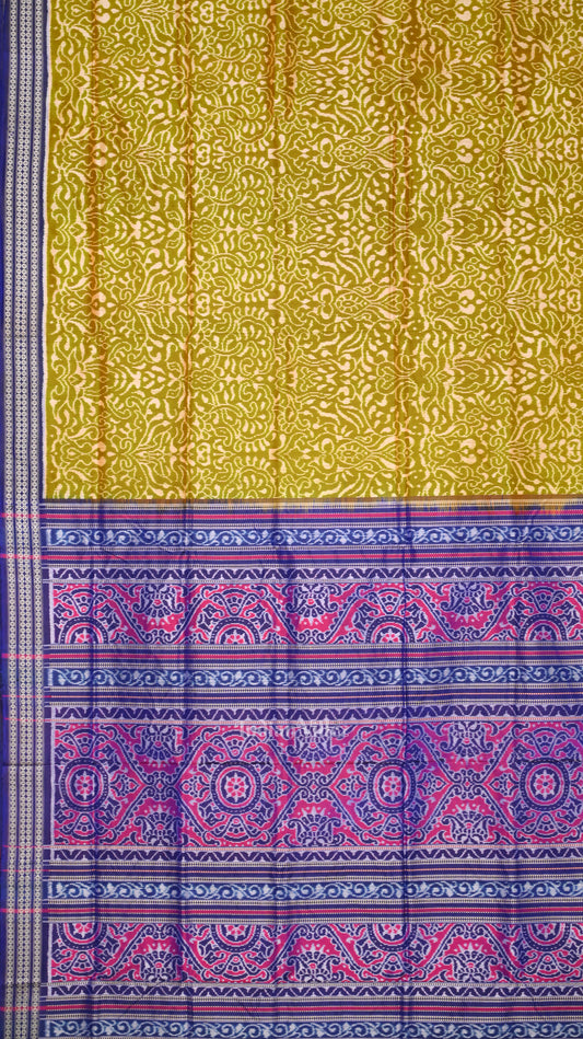  Mehendi Green Blue Floral Motif Sambalpuri Silk Saree