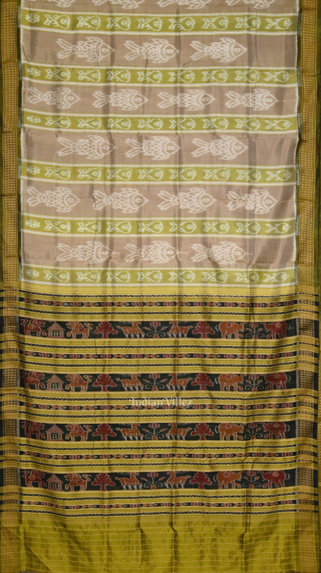 Pastel Olive Green Fish Theme Odisha Handloom Khandua Silk Saree 