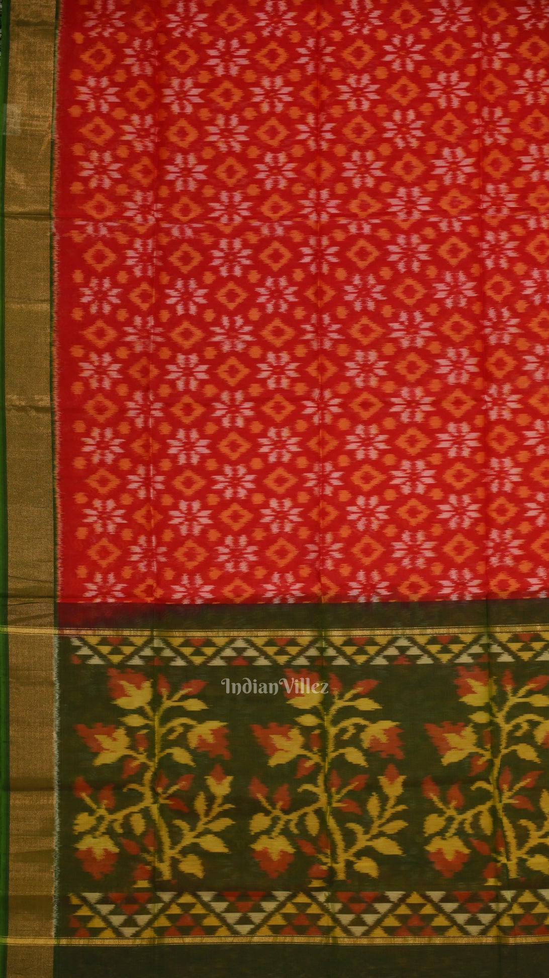 Red Green Pochampally Ikat Sico (Silk & Cotton) Saree with Zari Border