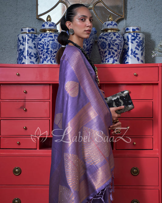 Blue Party Designer Tussar Banarasi With Moti Work Saree