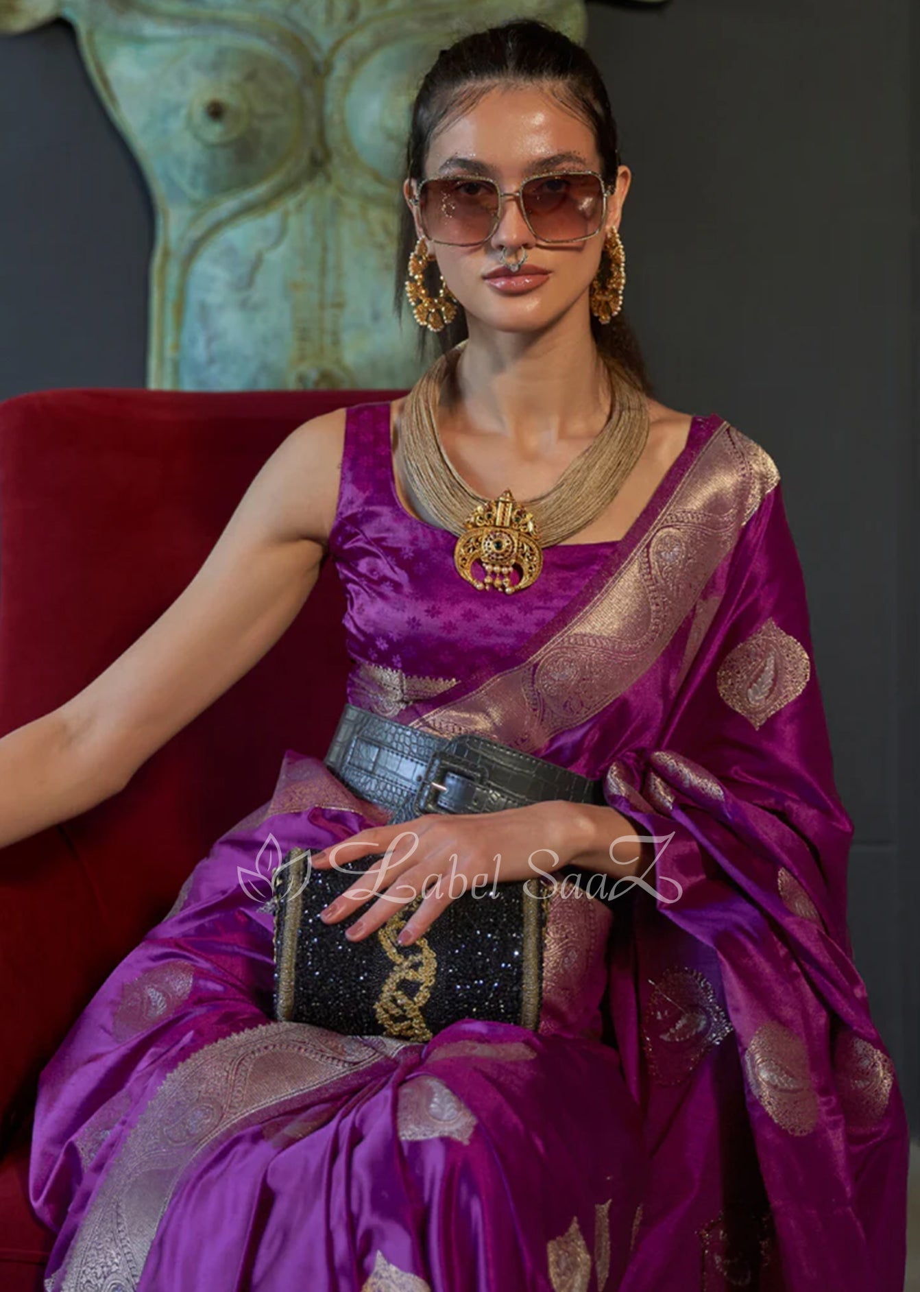 Magenta Pure Handwoven Satin Silk Banarasi Saree
