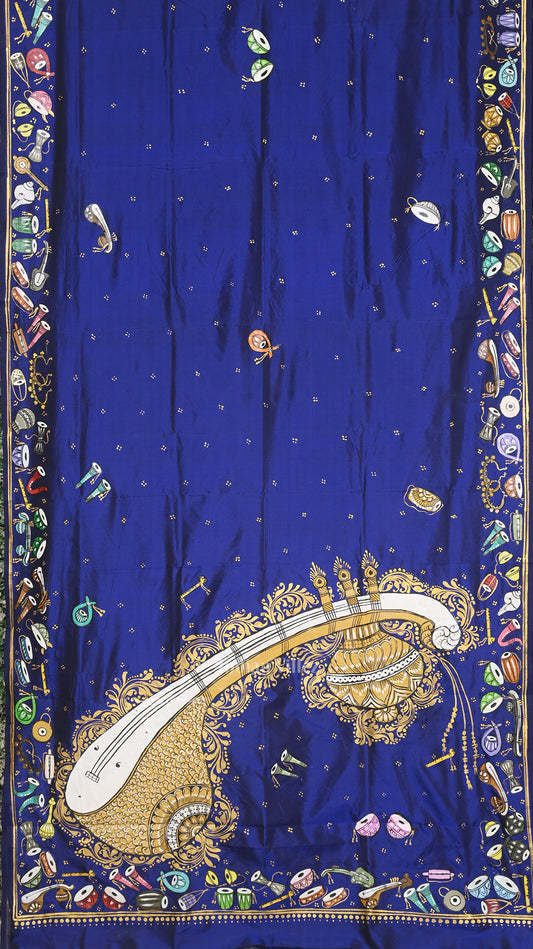 Blue Sitar Instrument Hand-Painted Pattachitra Saree 