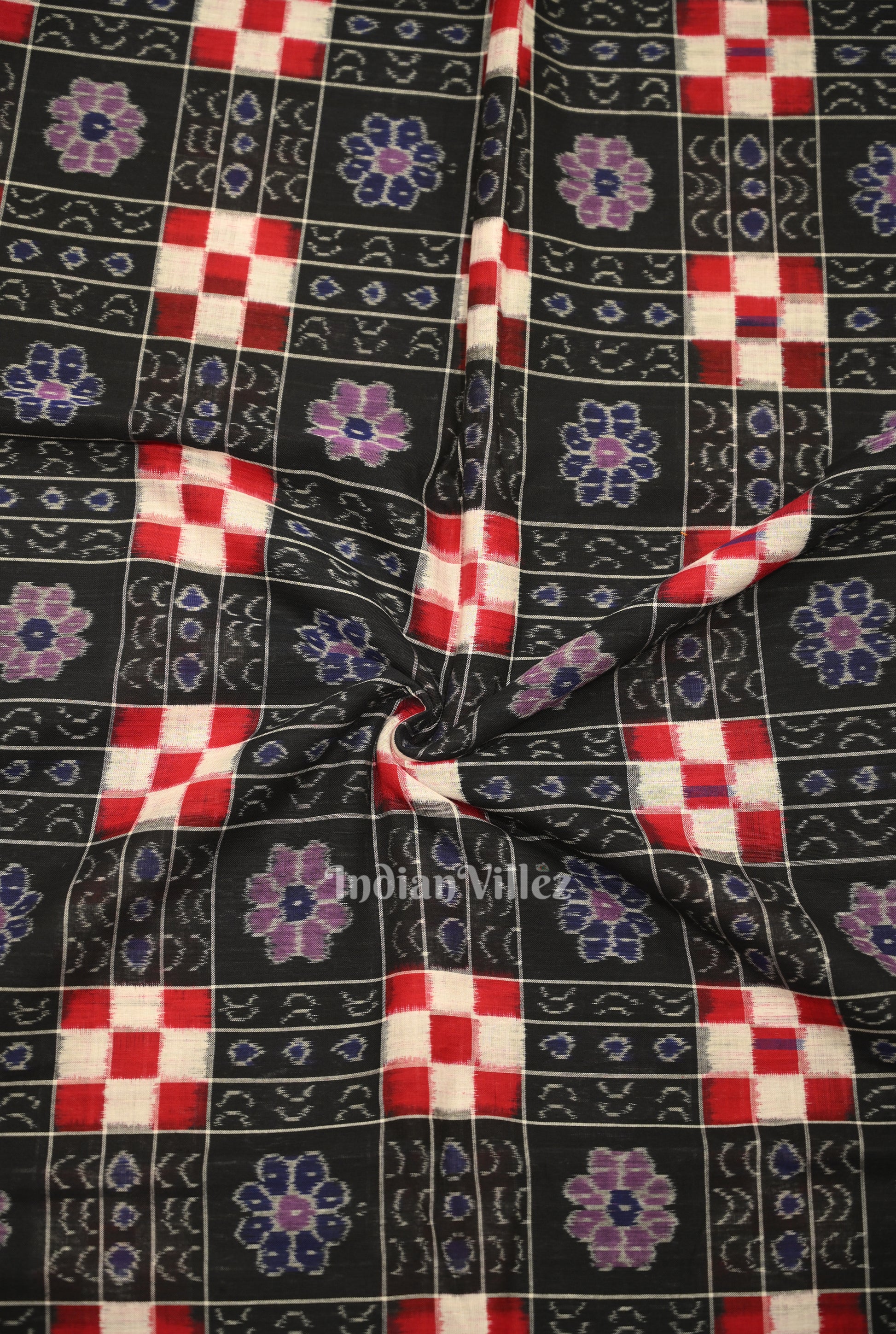 Black with MultiColor Pasapali Theme Sambalpuri Ikat Cotton Fabric