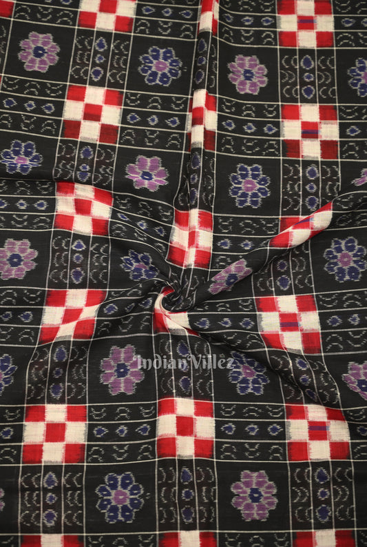 Black with MultiColor Pasapali Theme Sambalpuri Ikat Cotton Fabric