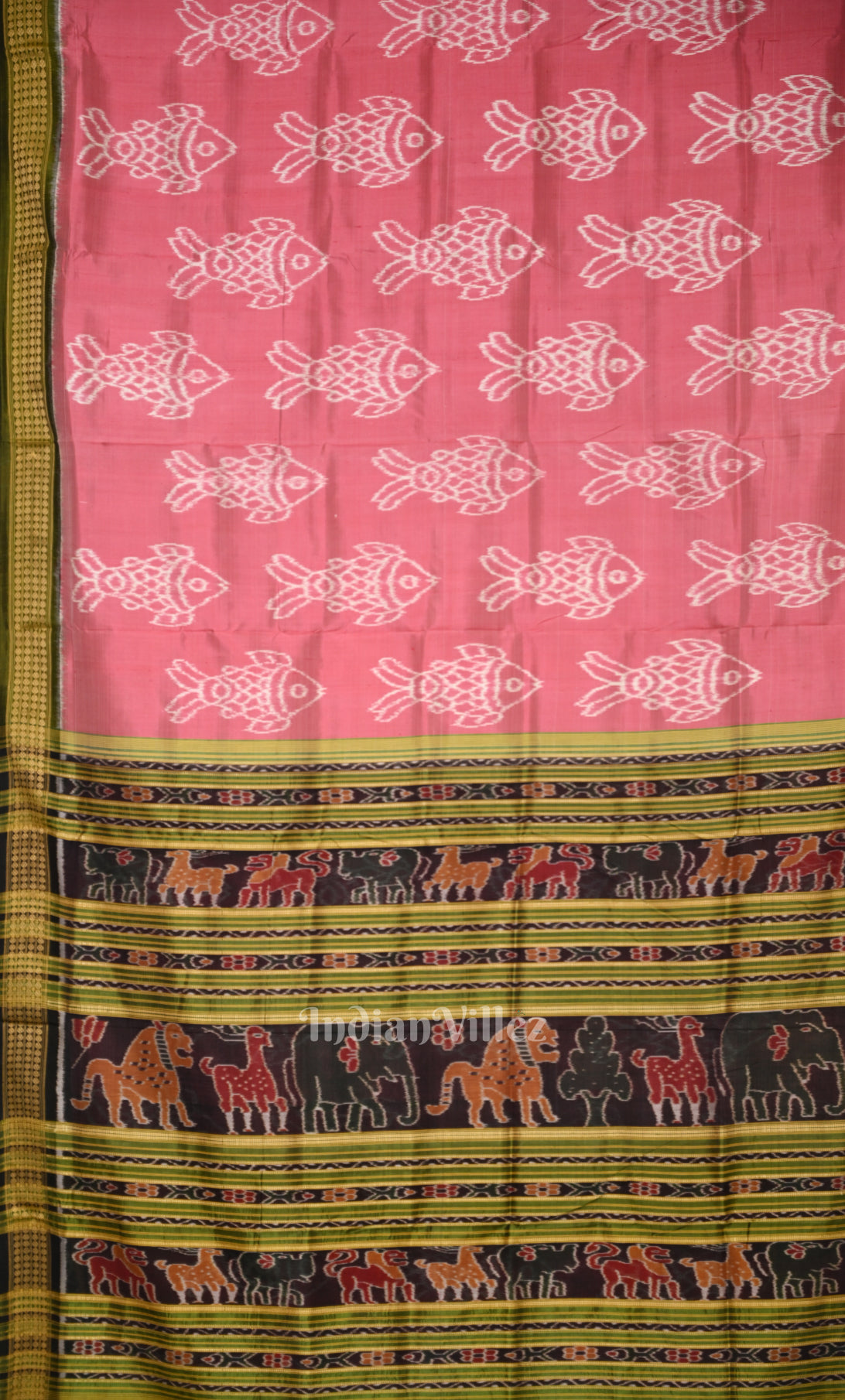 Pink Olive Green Fish Motif Odisha Ikat Khandua Silk Saree