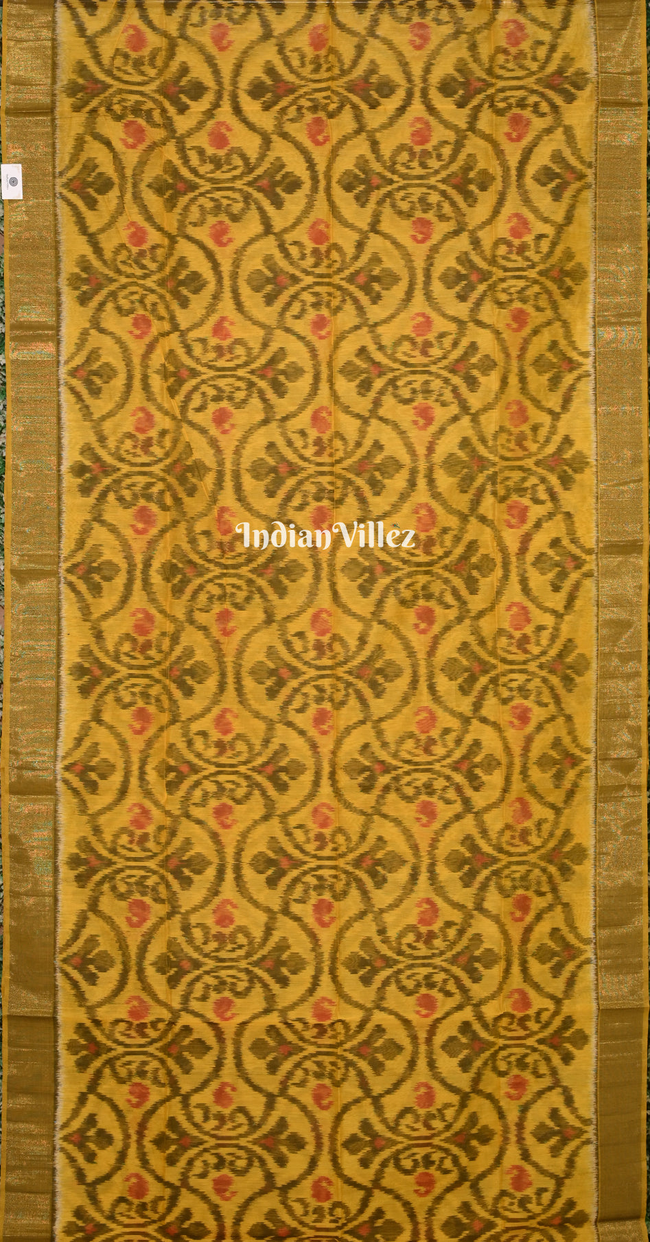 Mustard Yellow Green Pochampally Ikat Silk Cotton (Sico) Saree 