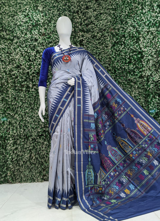 Silver Blue Shree Mandir Theme Bomkai Sambalpuri Ikat Silk Saree