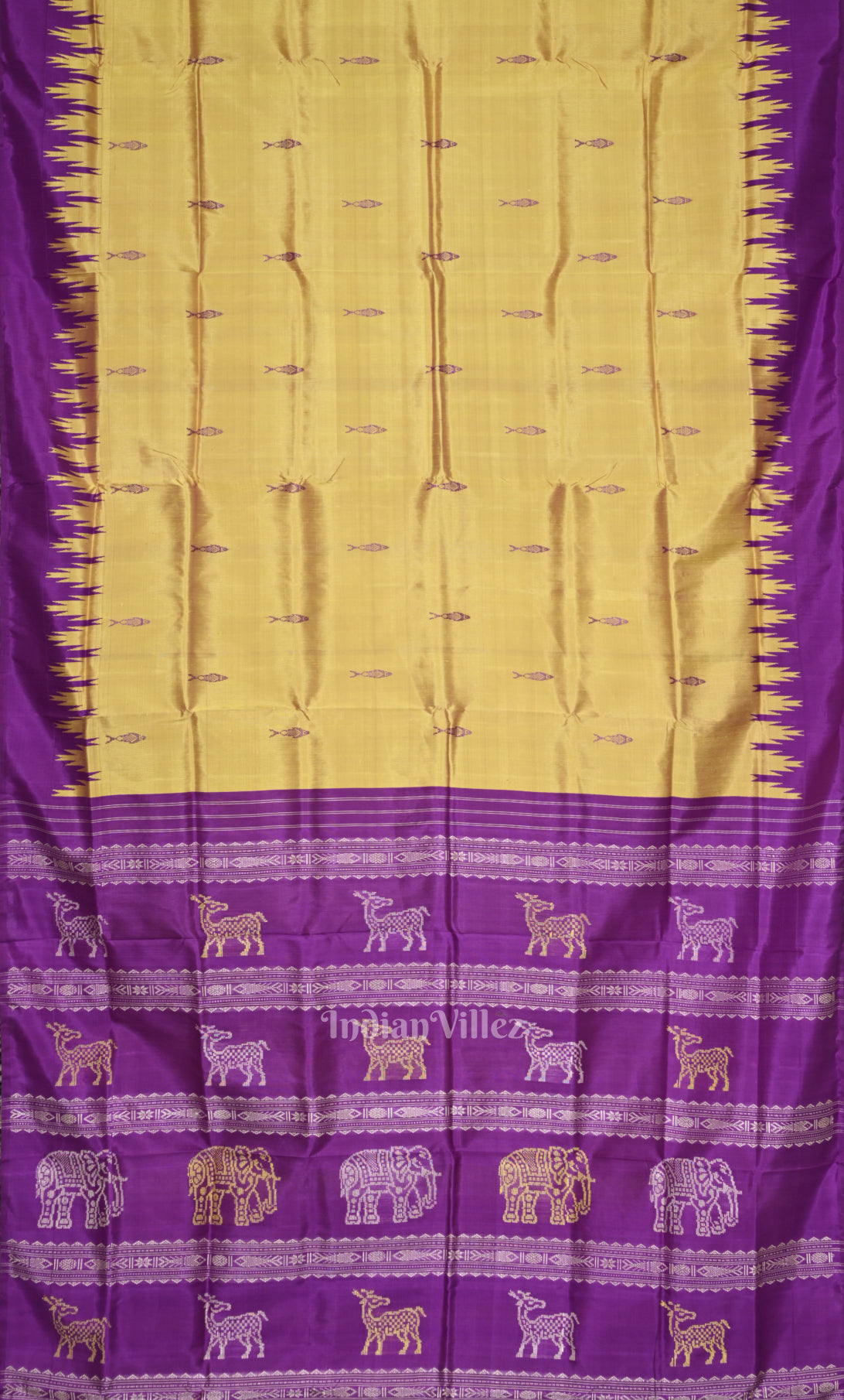 Yellow Purple Fish Motif Double Pallu Berhampuri Silk Saree