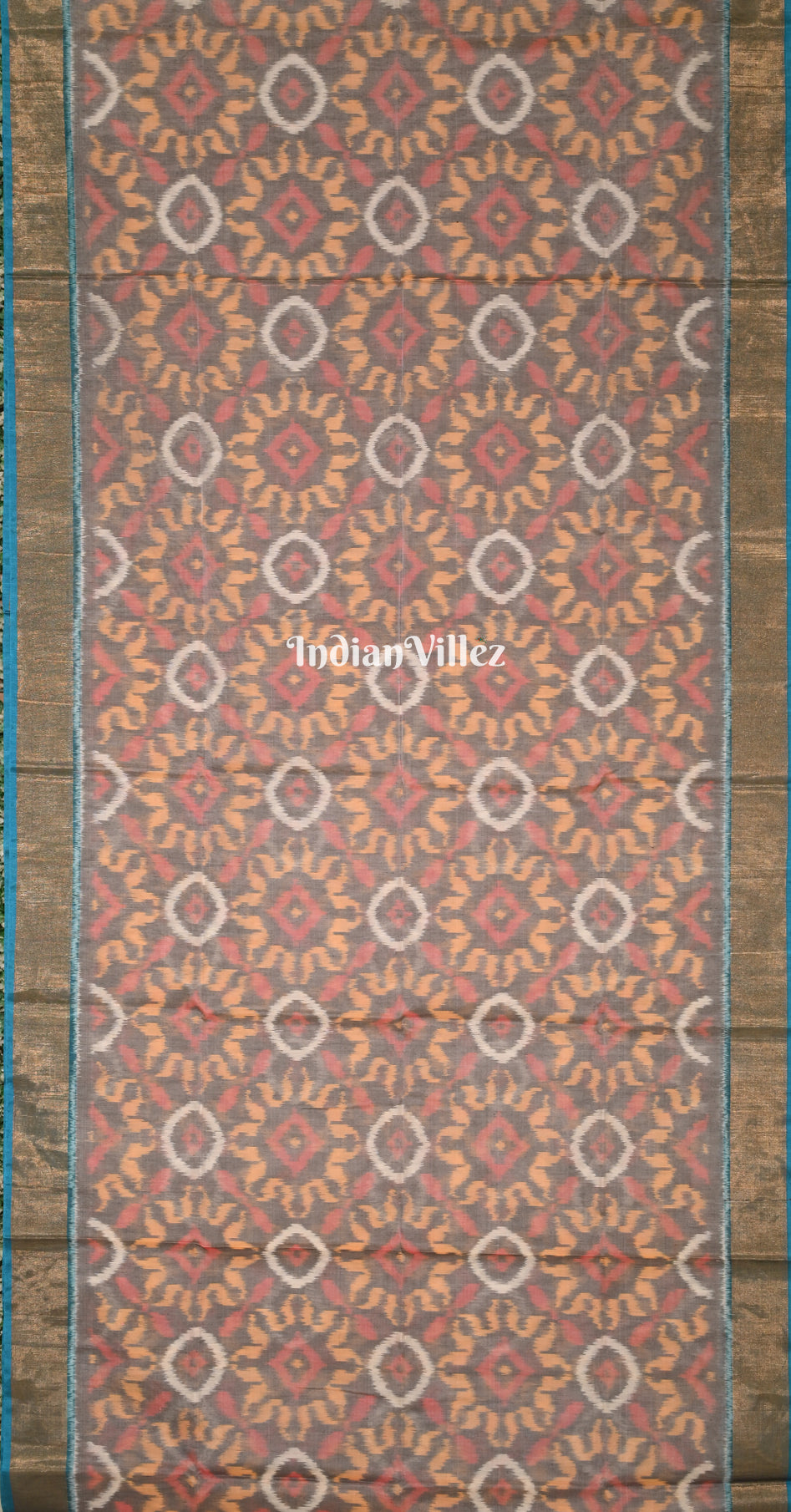 Gery Teal Blue Pochampally Ikat Silk Cotton (Sico) Saree