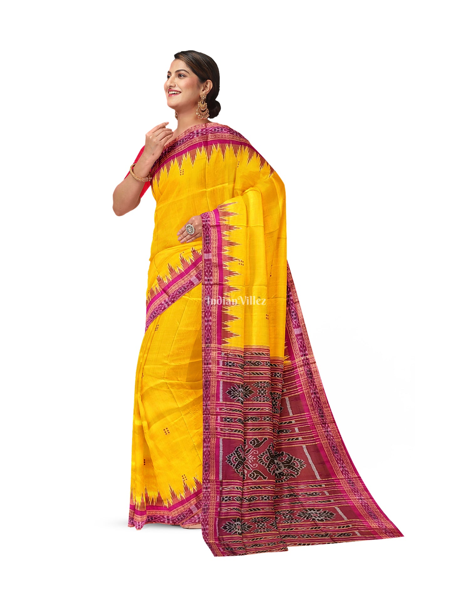 Yellow Red Butta design Odisha Ikat Khandua Silk Saree