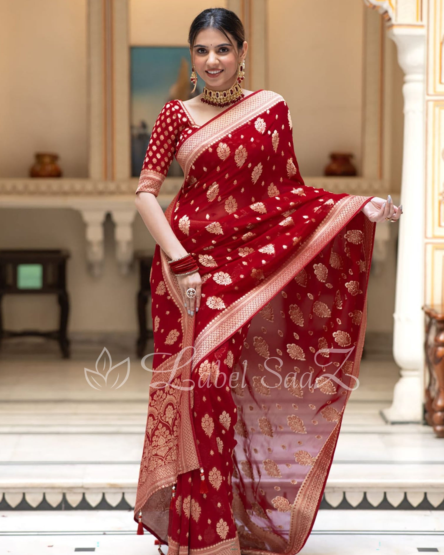 Red Handwoven Georgette Banarasi Saree