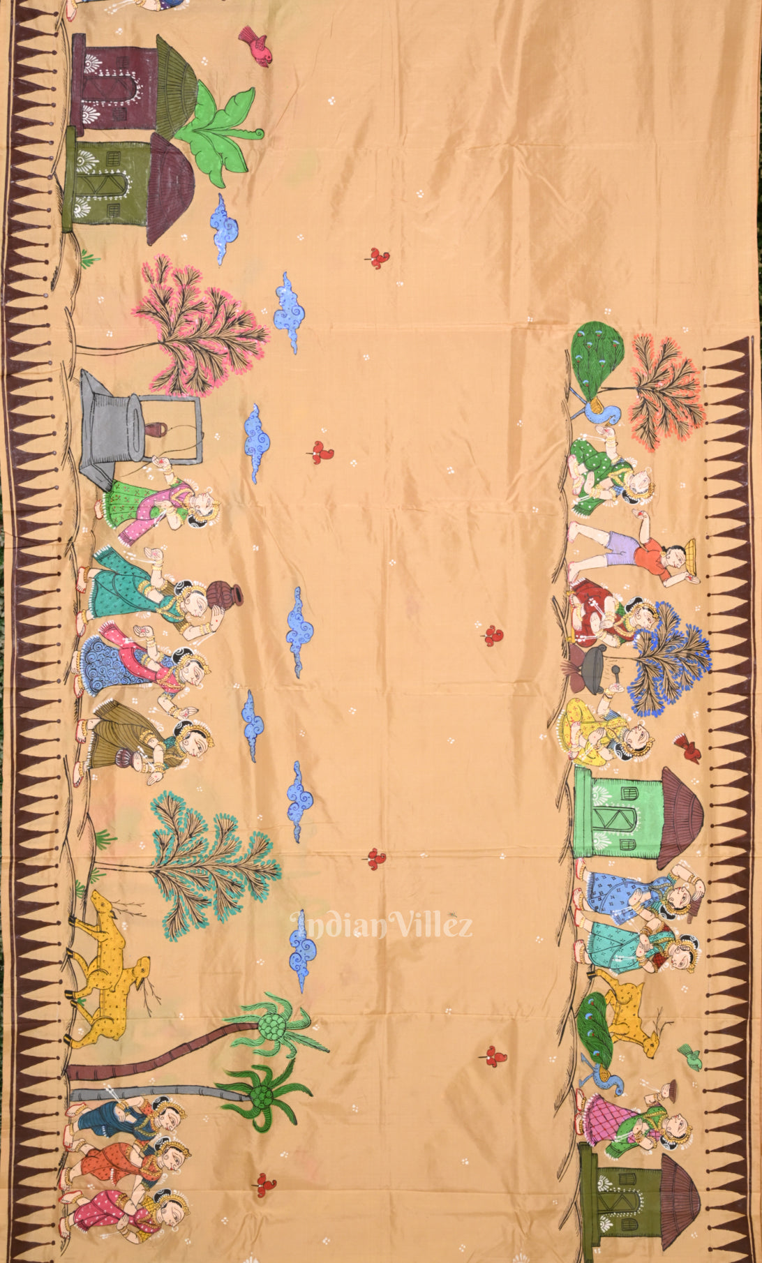 Beige Village Theme Hand-Painted Pattachitra Saree 