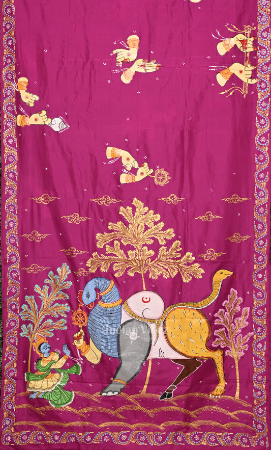 Rani Pink Arjuna Bows to Navagunjara Pure Hand-Painted Pattachitra Saree