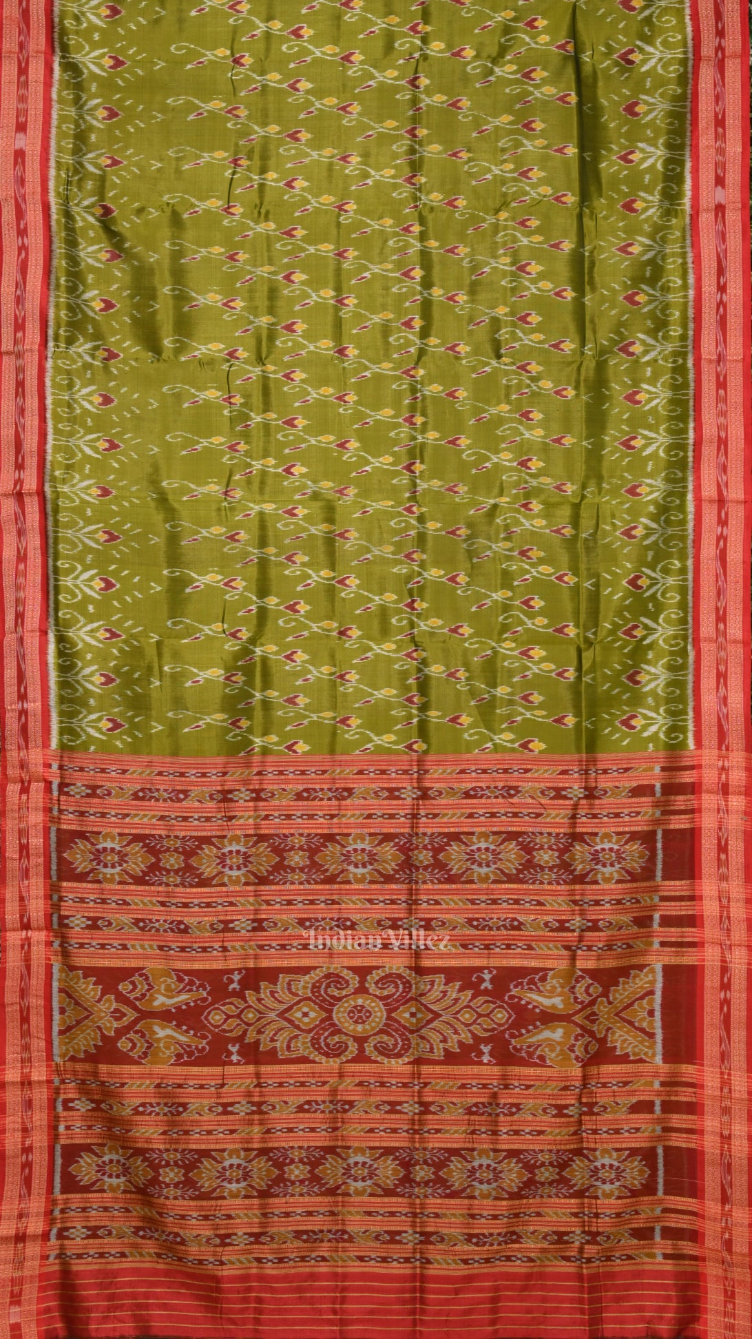 Mehendi Green Red Flower Motif Odisha Ikat Khandua Silk saree 