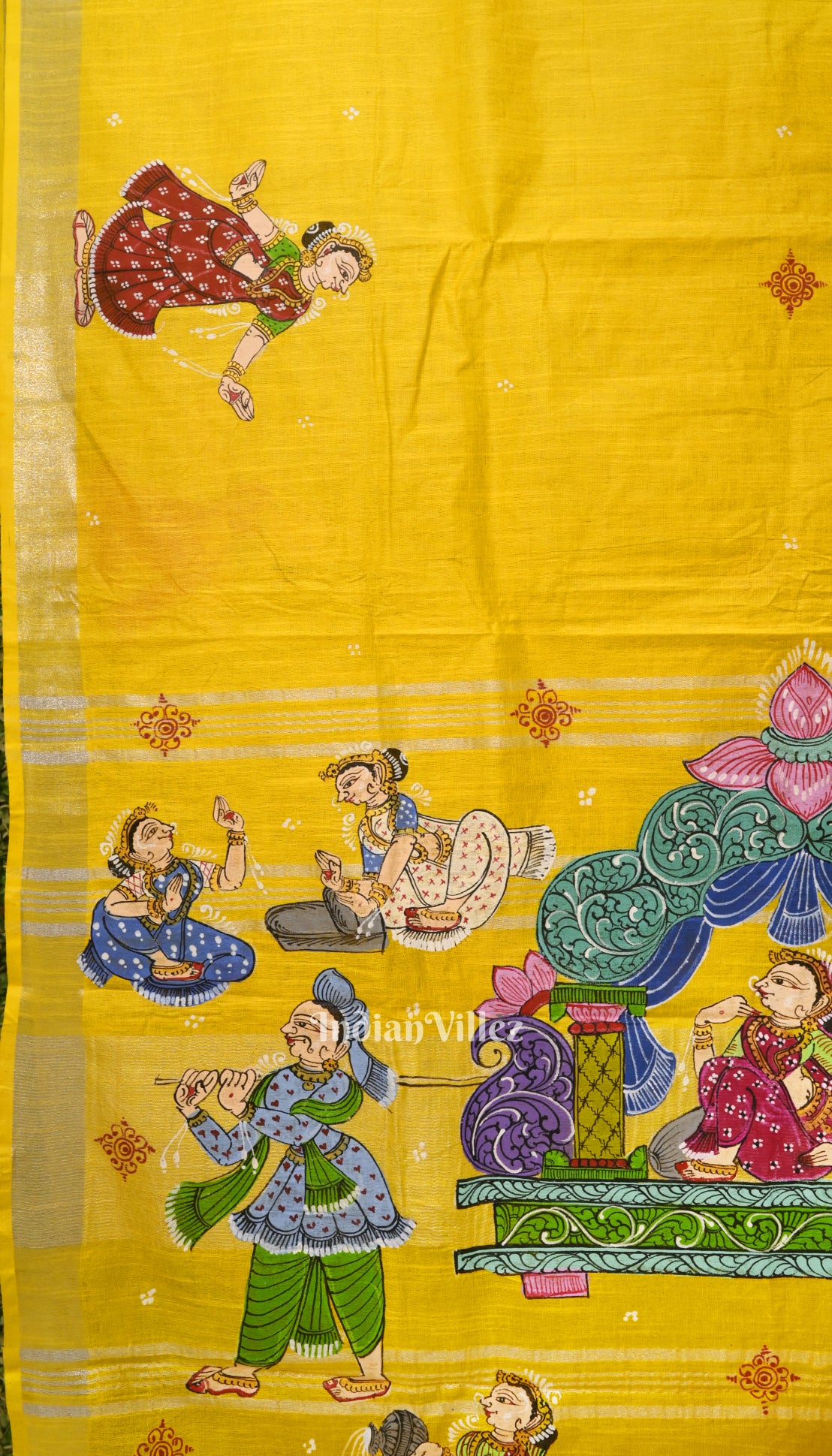 Yellow Palki Theme Hand-Painted Pattachitra Linen Saree With Zari Border