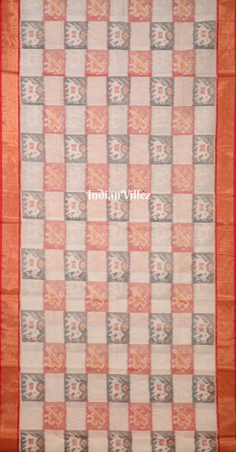 Off White Red Pochampally Ikat (Sico) Saree 