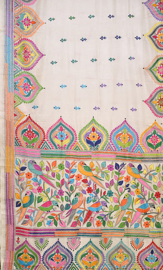 White Handwoven Kantha Stitch Silk Saree