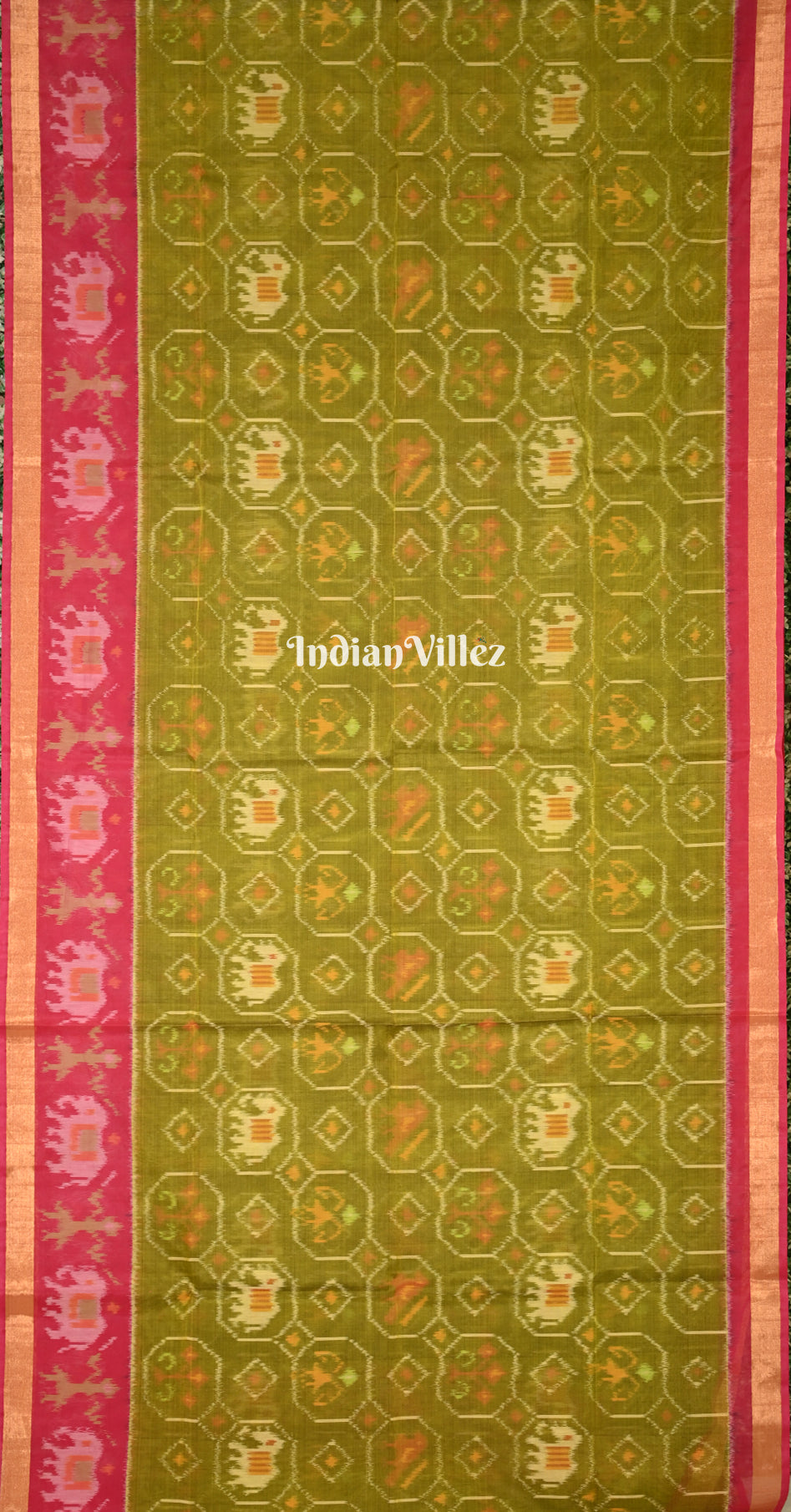 Mehendi Green Pink Pochampally Ikat (Sico) Saree