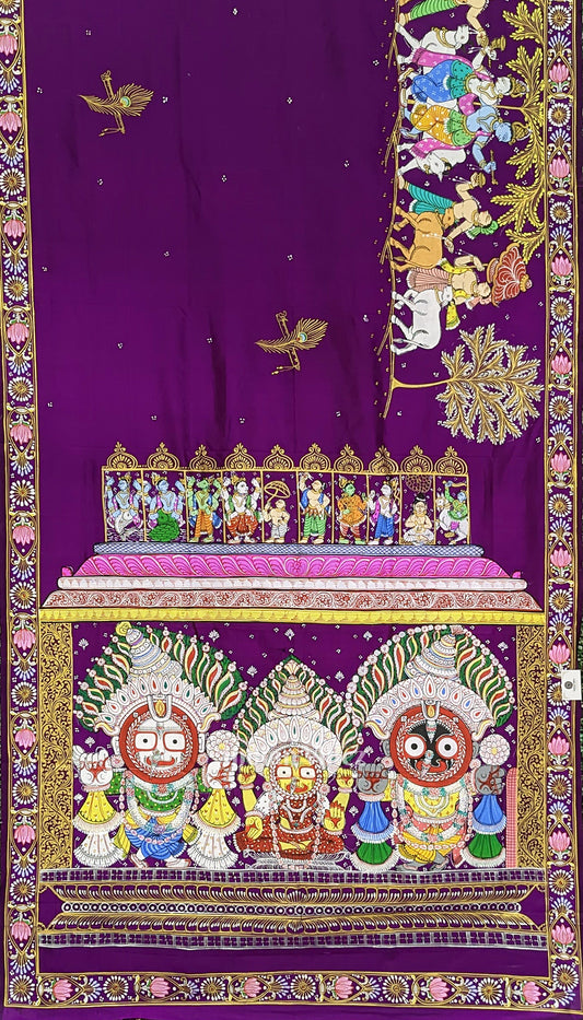 Purple Shree Jagannath Theme Pattachitra Silk Saree (Pre Order)