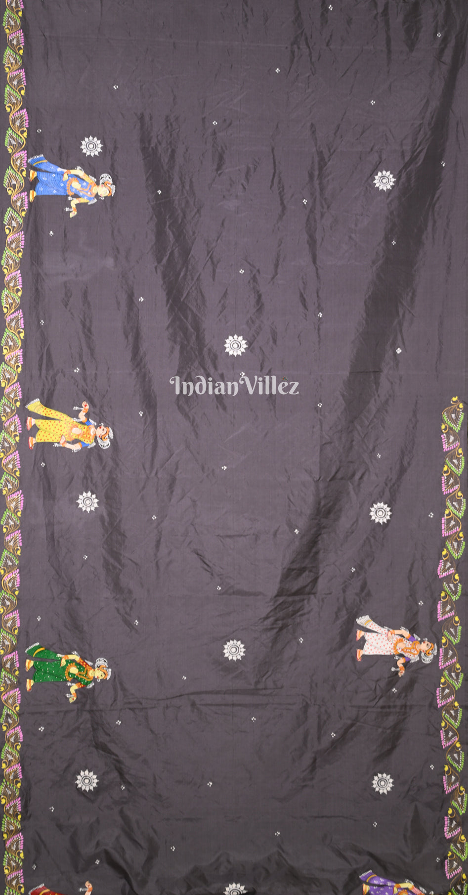 Black Krishna Rasa Leela Hand-Painted Pattachitra Saree
