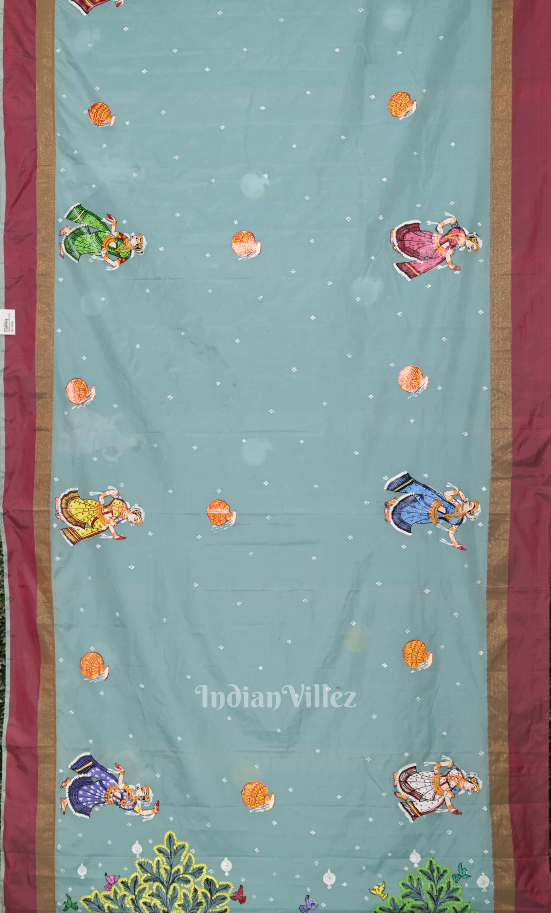  Light Blue Red peacock (Mayur) & Nartaki Theme Pattachitra Saree