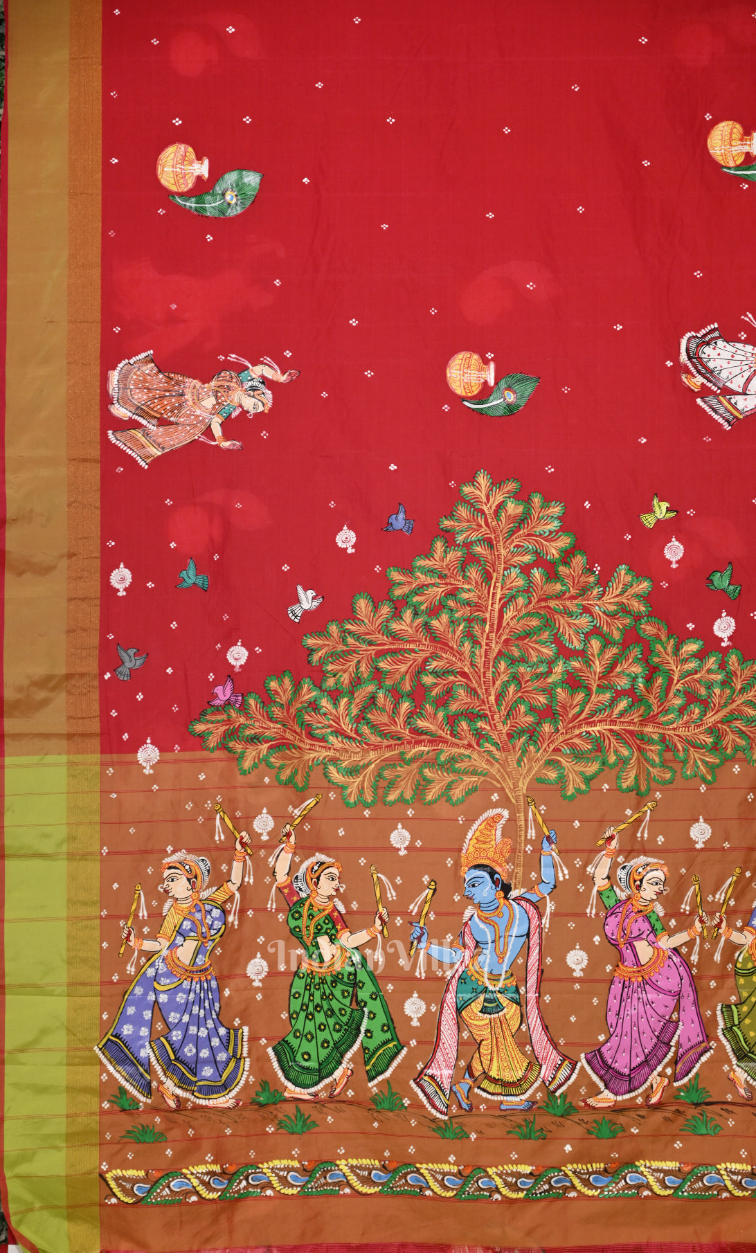 Red Green Raasleela Hand-Painted Pattachitra Saree 