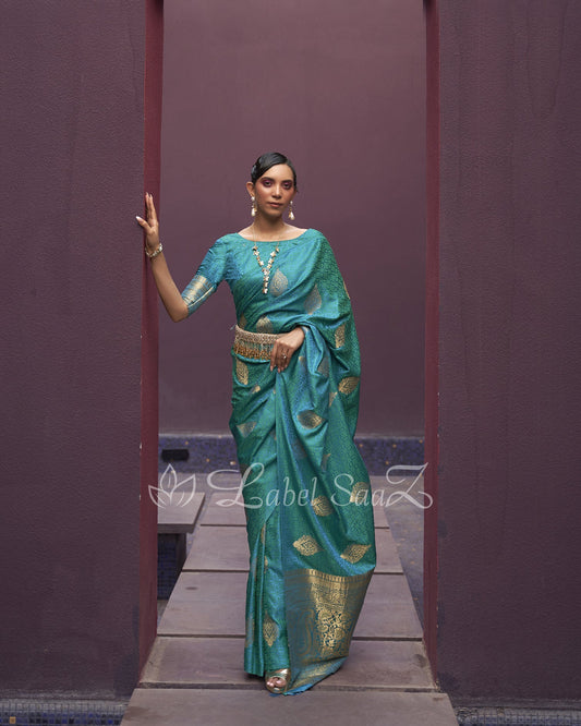Sky Pure Satin Weaving Silk Saree With Blouse Piece