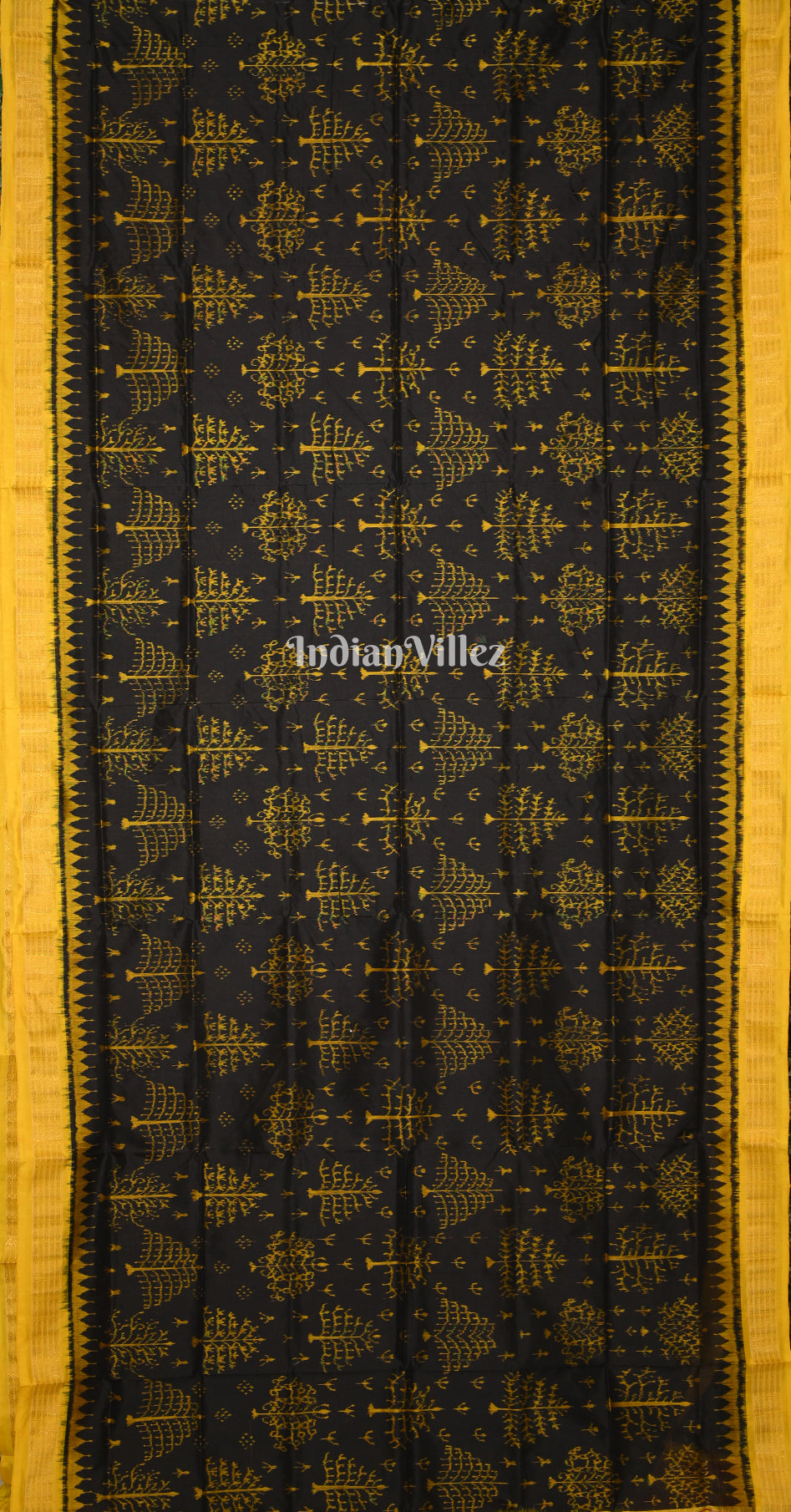 Black Yellow Tribal Tree Motif Half Tissue Odisha Ikat Sambalpuri Silk Saree
