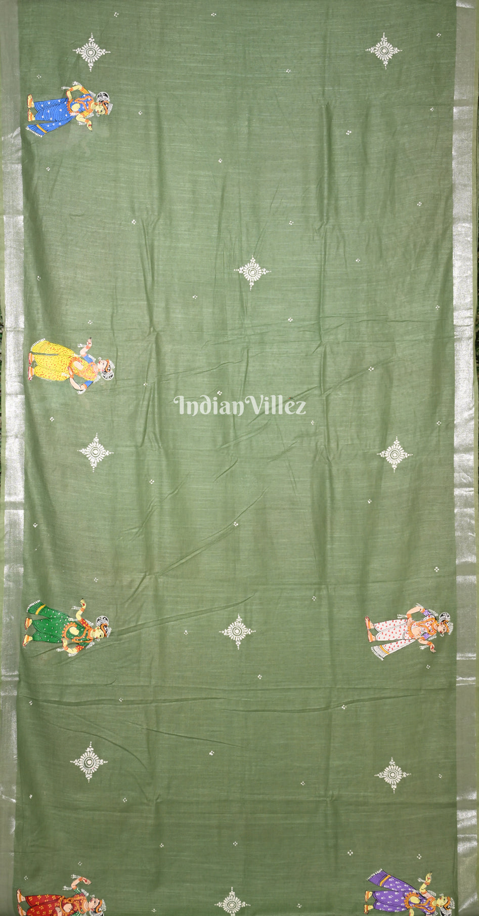 Sage Green Raja Doli Hand-Painted Pattachitra Saree 