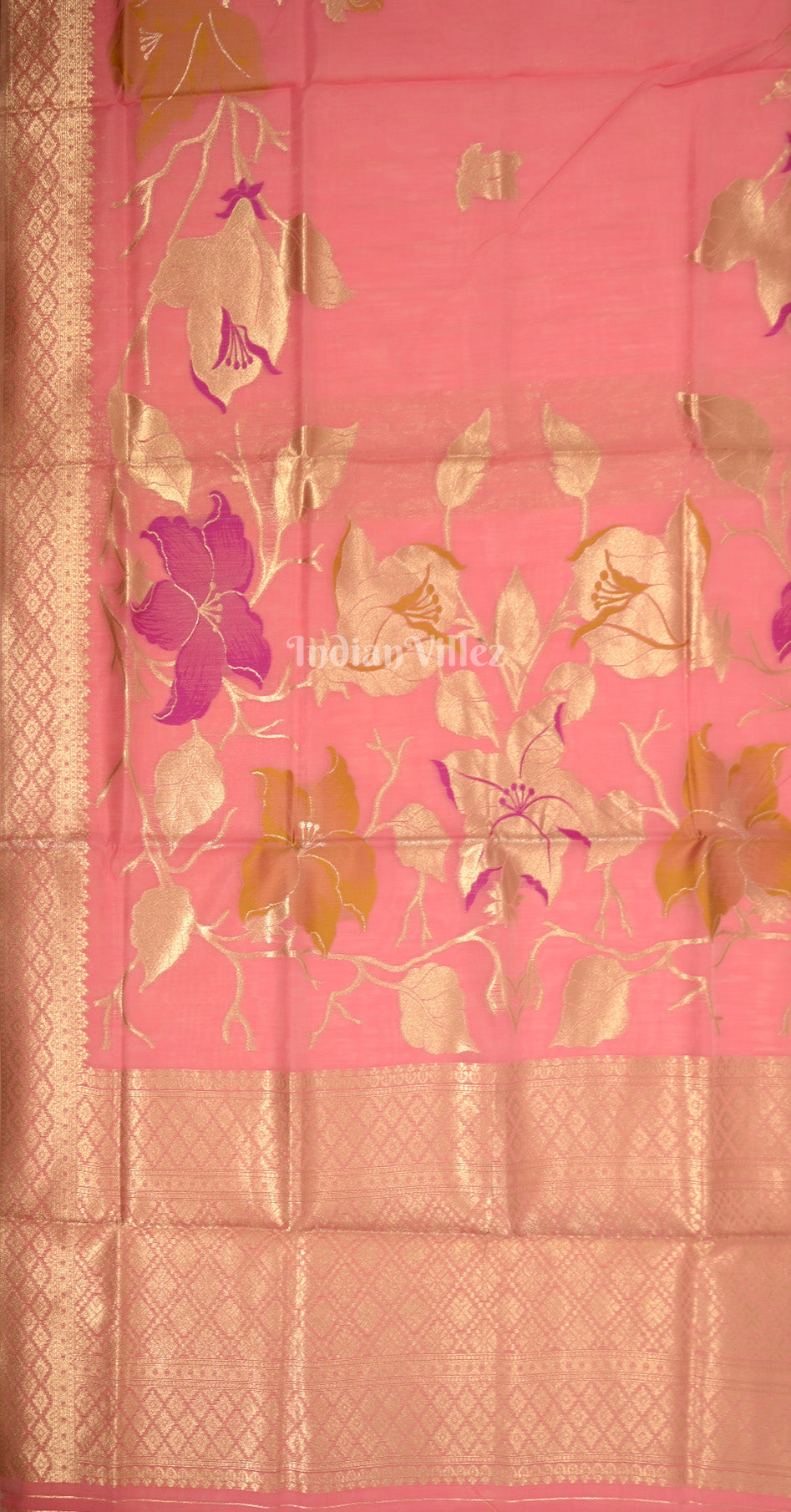 Peach Pink Floral Linen Saree