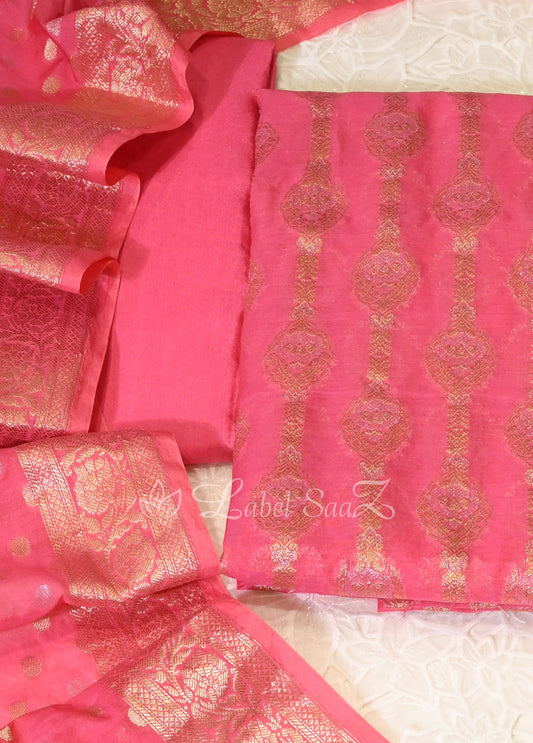  Pink Zariwork Banarasi Unstitched Salwar Suit