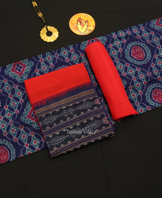 Blue Red Jhoti Theme Odisha Ikat Sambalpuri Dress Set & Dupatta