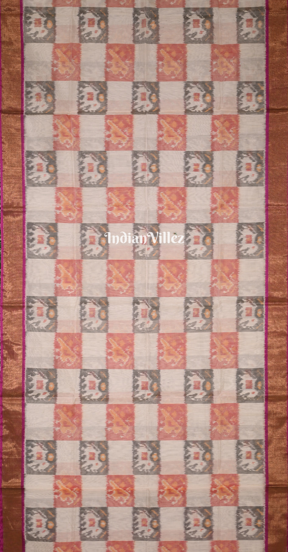 Off White Purple Pochampally Ikat (Sico) Saree