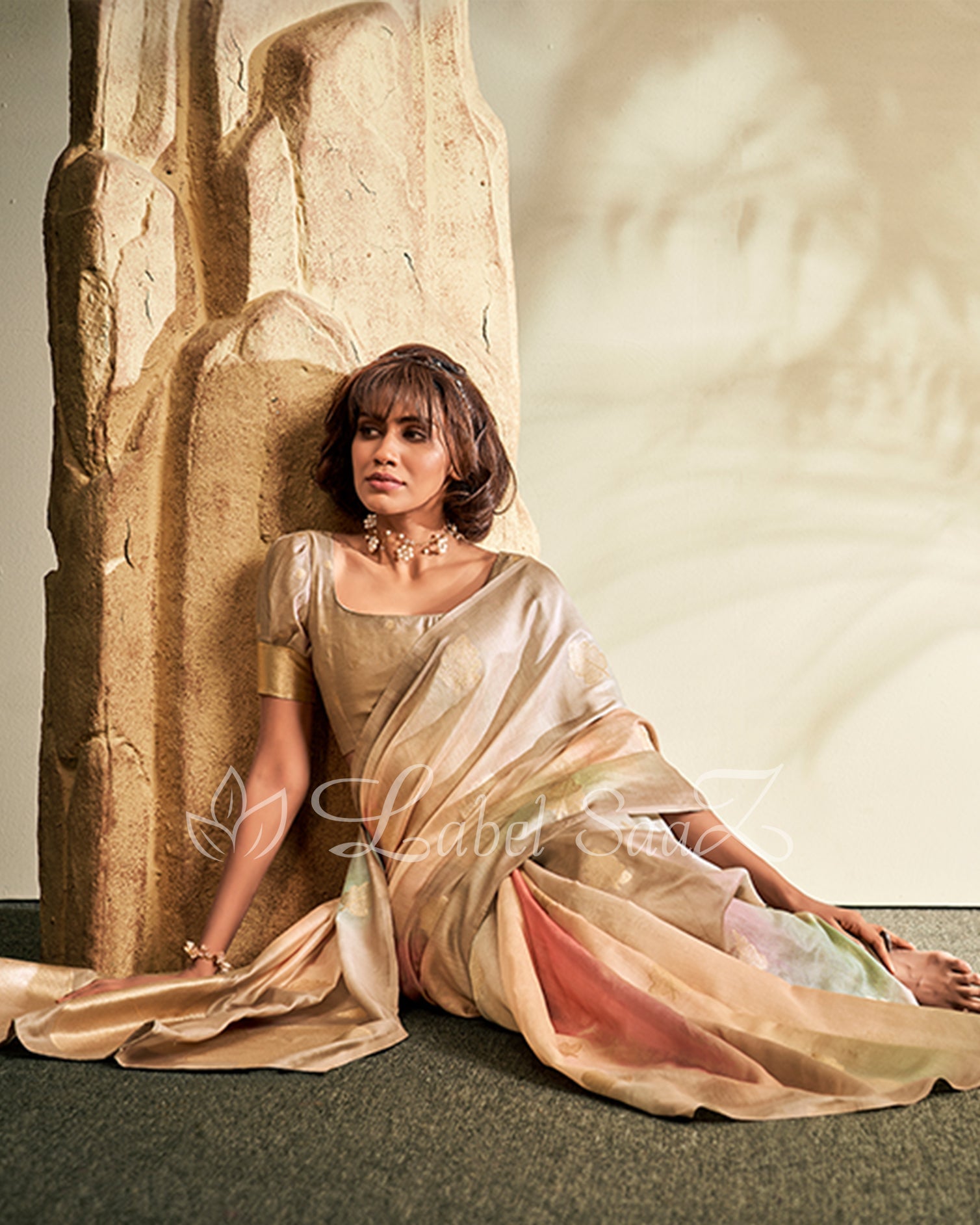 Golden Shaded Floral Linen Saree with Zari Work