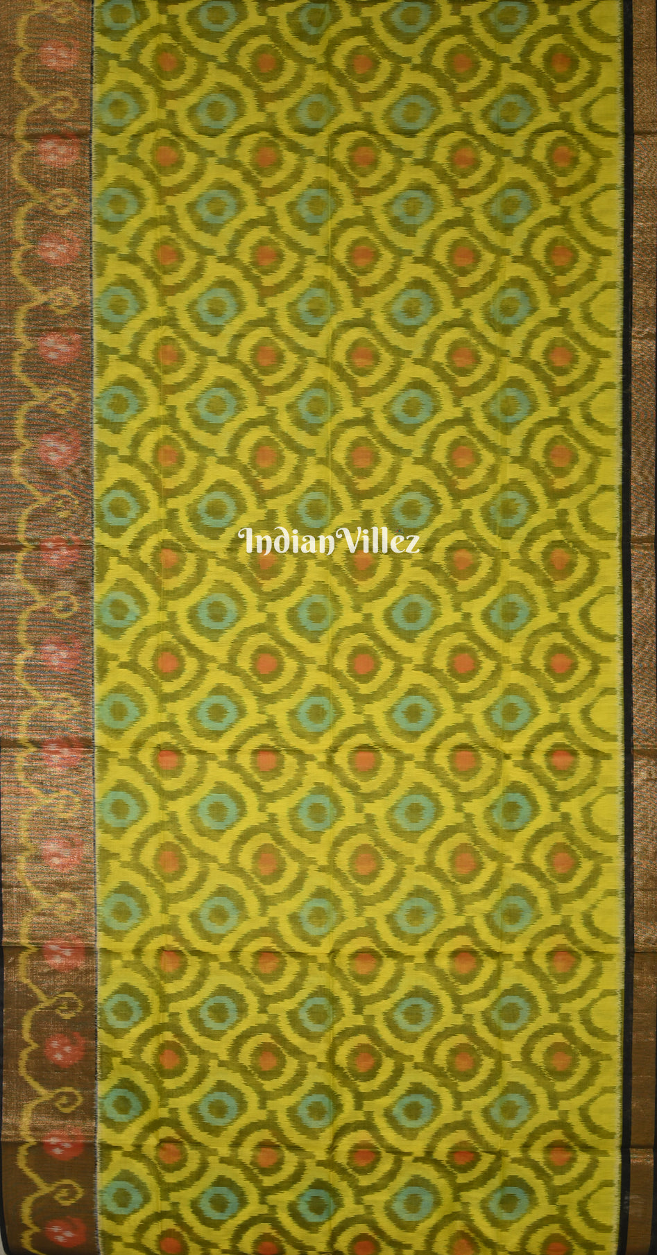 Olive Green with Multicolor Floral Border Pochampally Ikat Silk Cotton (Sico) Saree 