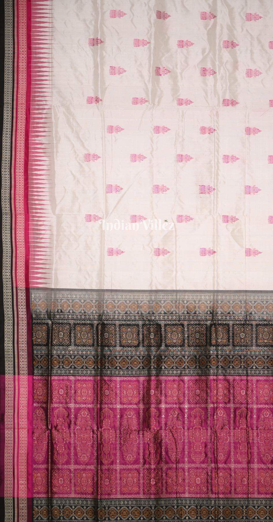 White Magenta Pink Jhumka Motif Odisha Ikat Bomkai Sambalpuri Silk Saree