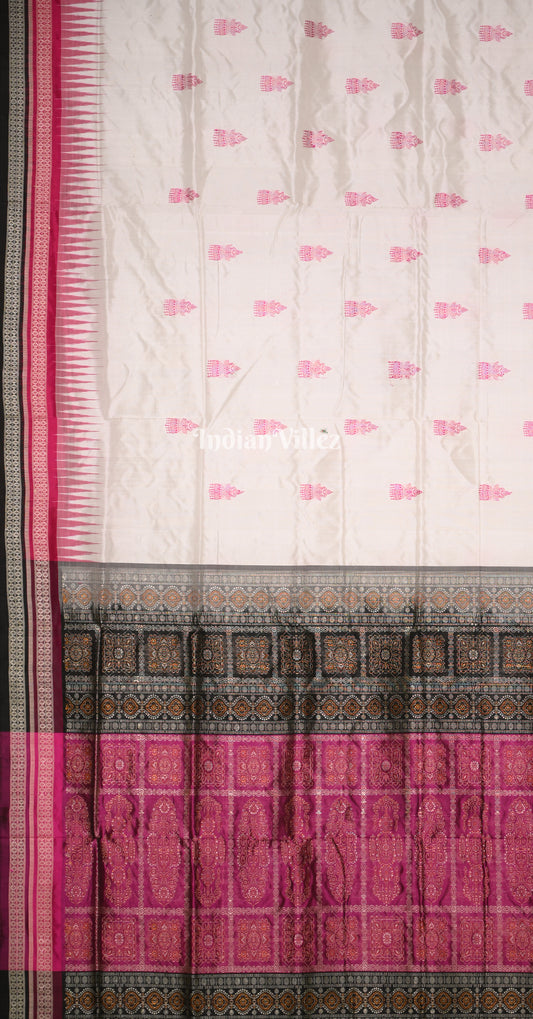 White Magenta Pink Jhumka Motif Odisha Ikat Bomkai Sambalpuri Silk Saree