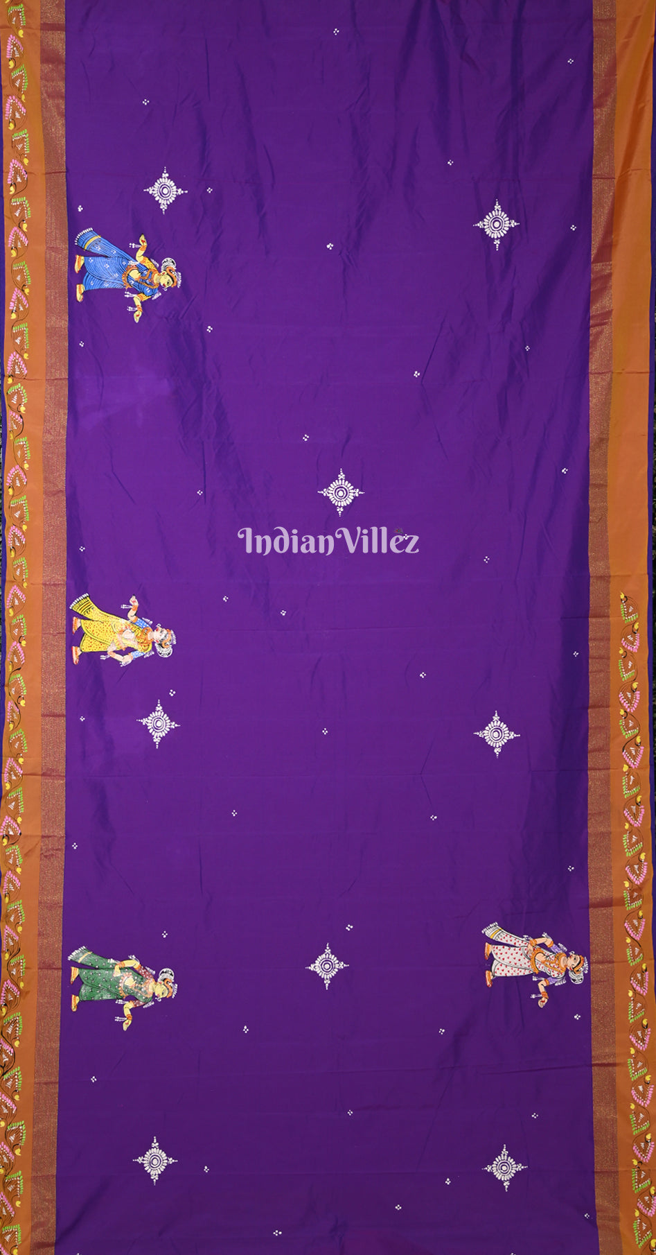 Purple Brown Ardha Chandra Krishna Rasa Leela Hand-Painted Pattachitra Saree