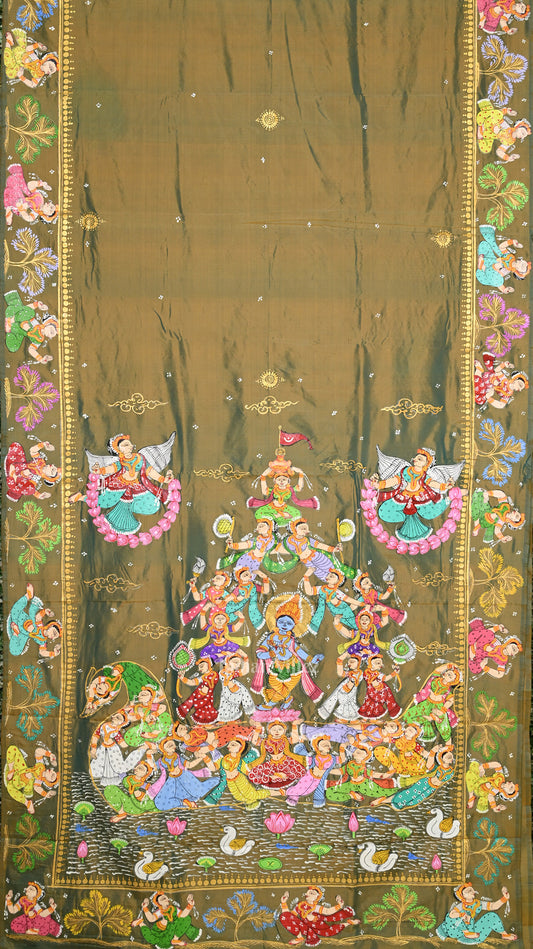 Mehendi Green Dual Tone Kandarapa Boita Pattachitra Saree