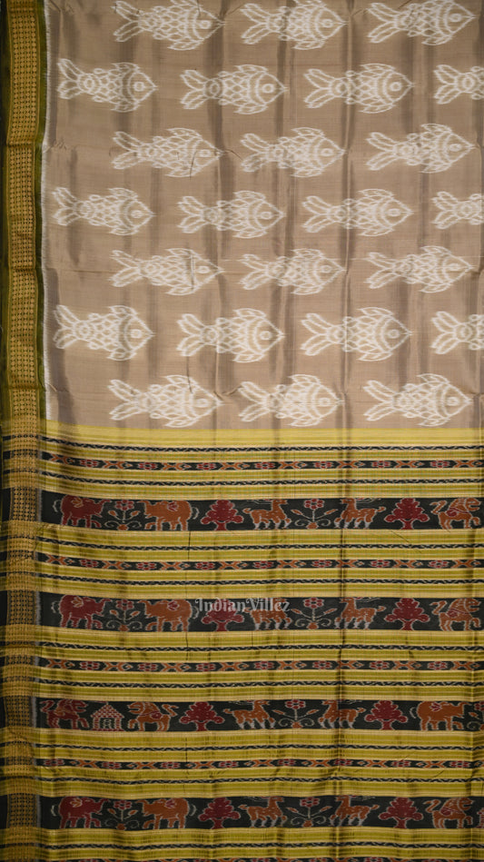 Pastel Green Fish Theme Odisha Handloom Khandua Silk Saree with Jungle Aanchal