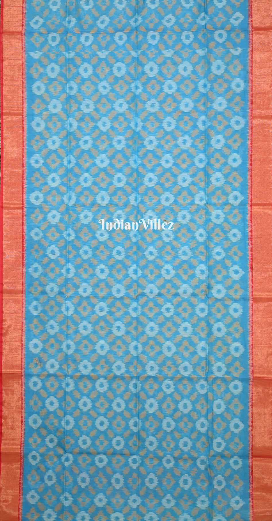 Sky Blue Red Pochampally Ikat Silk Cotton (Sico) Saree 