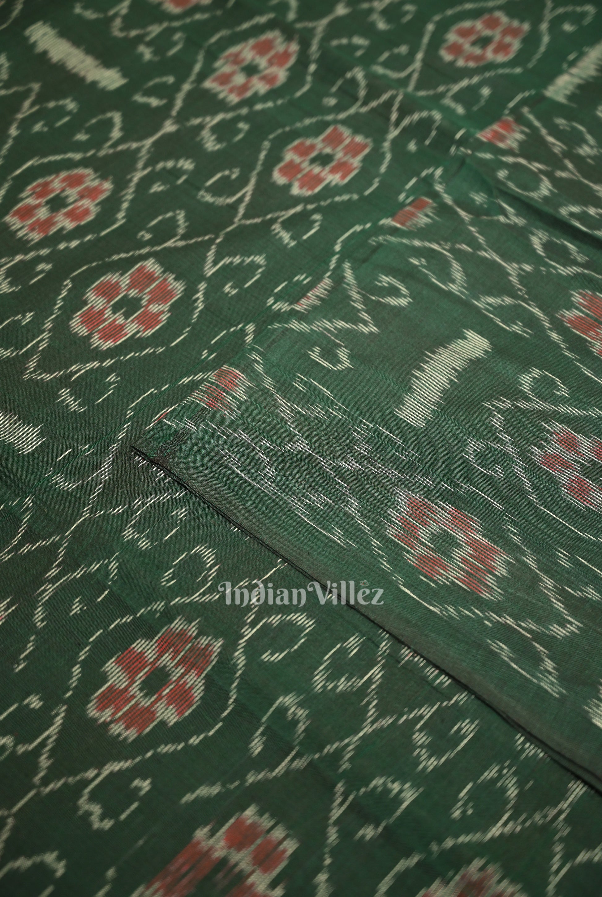  Bottle Green Flower Pasapali Design Sambalpuri Odisha Ikat Cotton Fabric 