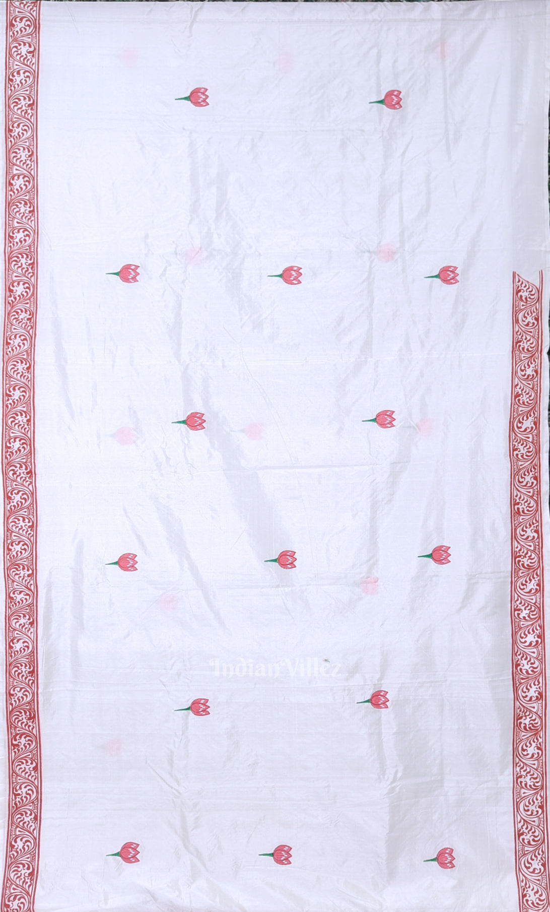 White Red Durga Puja Theme Hand-Painted Pattachitra Saree 
