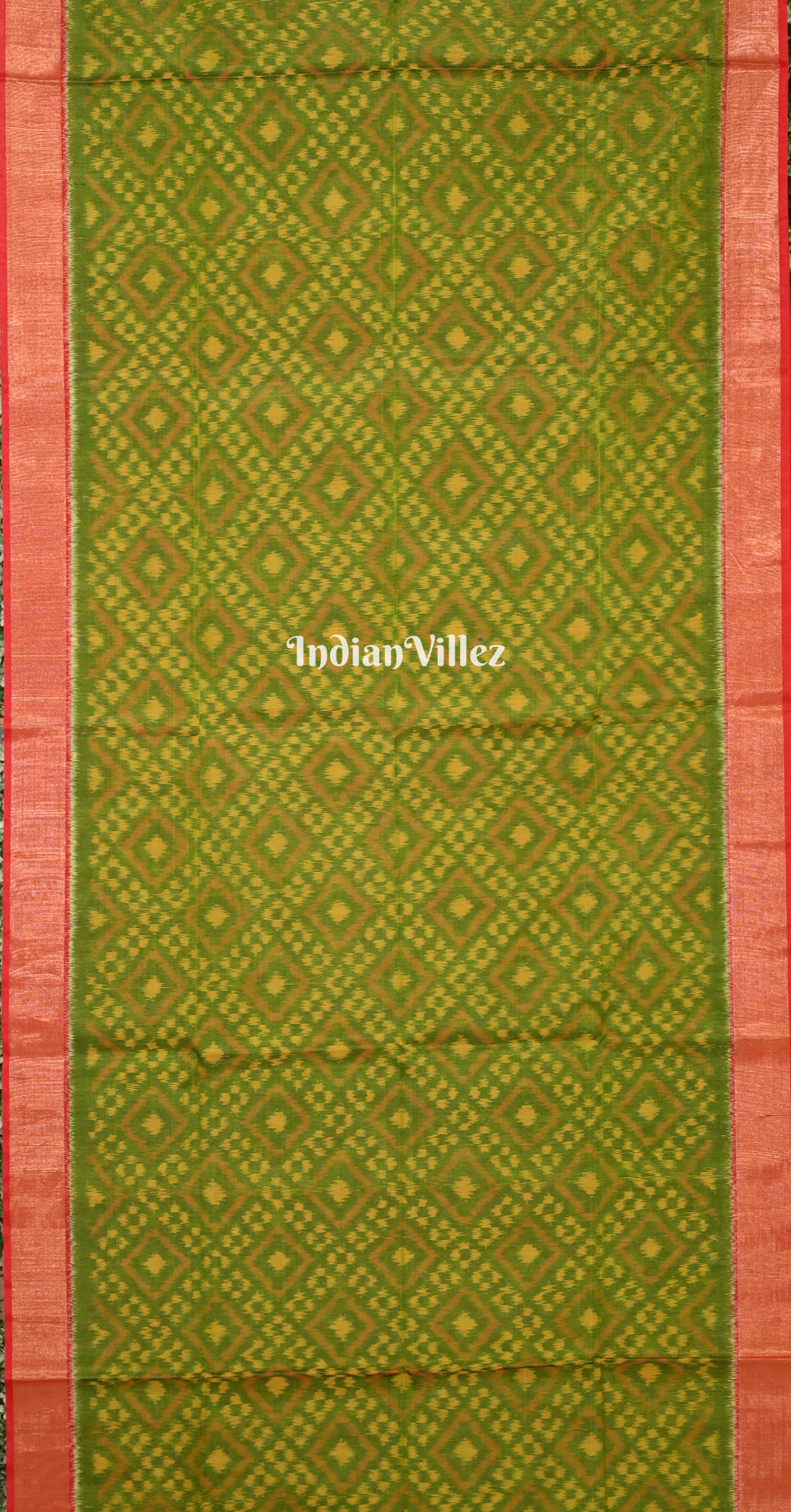Mehendi Green Red Pochampally Ikat Silk Cotton (Sico) Saree