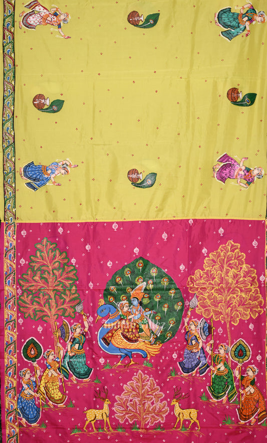Yellow Pink PEACOCK (Mayur) & Radha Krishna Theme Hand-Painted Pattachitra Saree