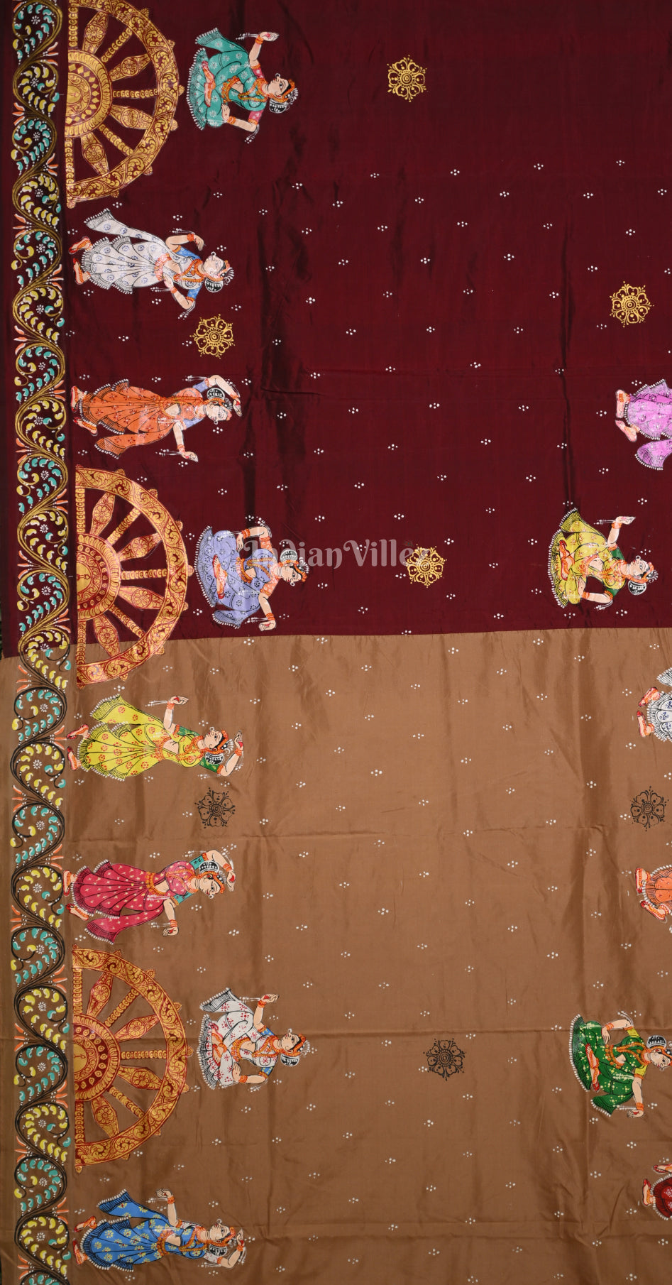 Beige Maroon Nartaki Konark Temple Hand-Painted Pattachitra Saree
