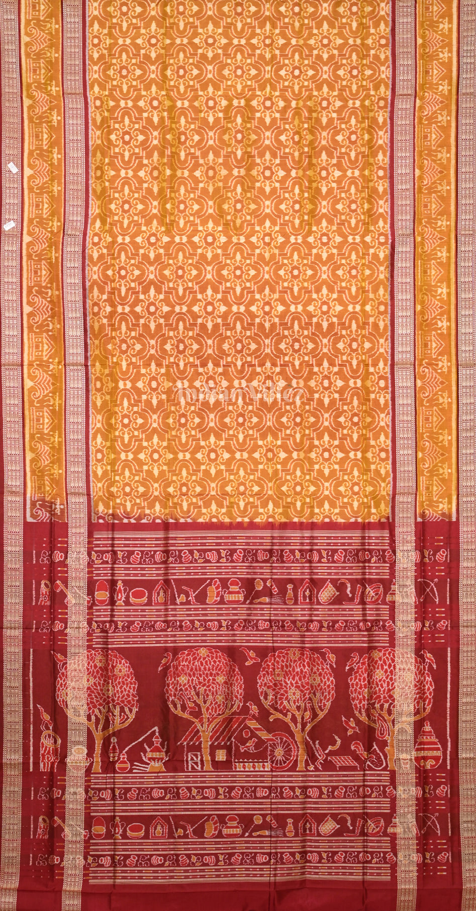 Mustard Yellow Maroon Odisha Ikat Sambalpuri Silk Saree with Tribal Anchal