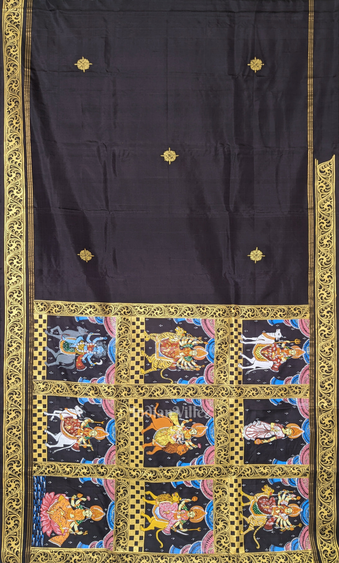 Black Navaratri Durga Puja Theme Hand-Painted Pattachitra Saree 